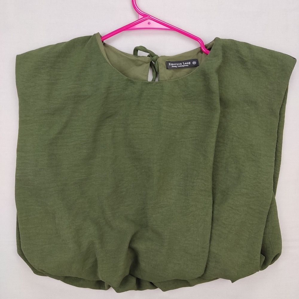 Emerson Lang Blouse Womens Medium Green Bubble Hem Keyhole Tie Back Sleeveless